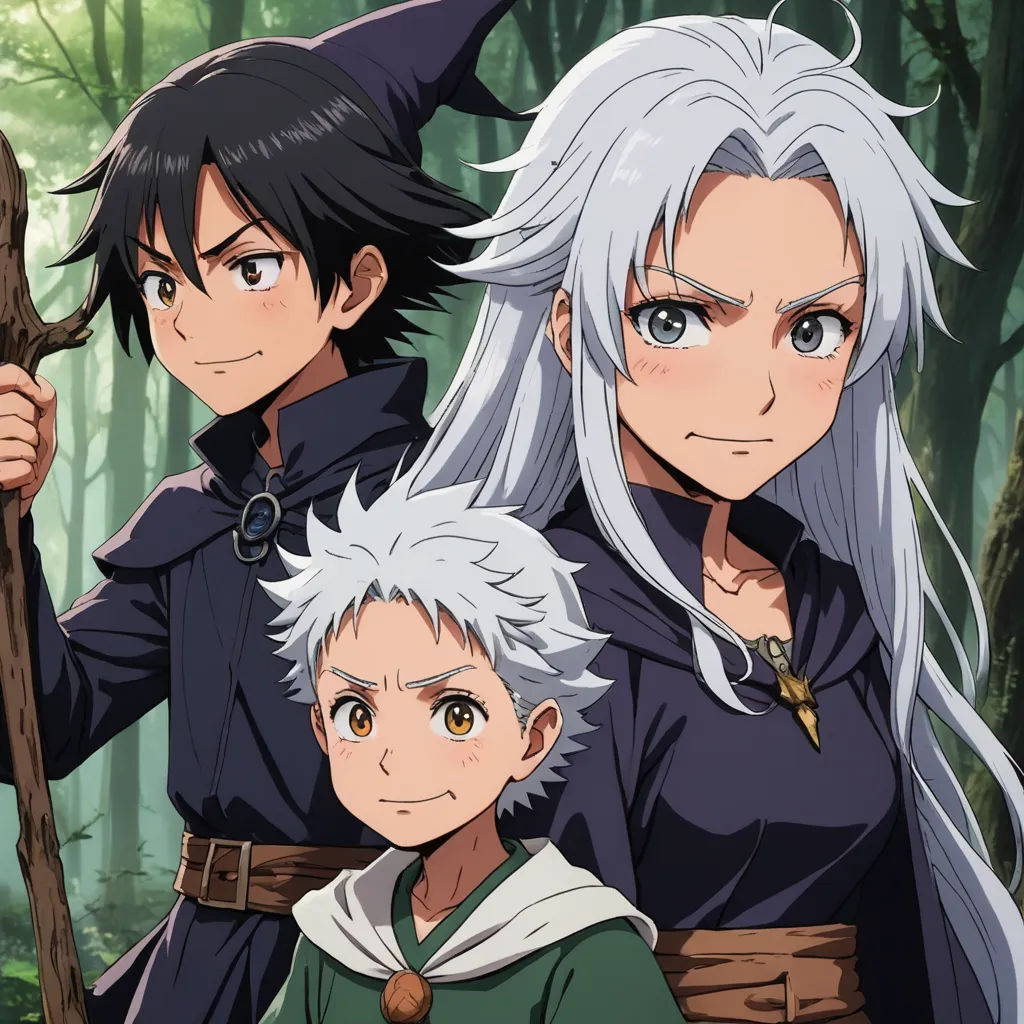 a group of people in a forest with trees and bushes behind them, one of them is holding a stick, rayonism, poster art, Baiōken Eishun, official art