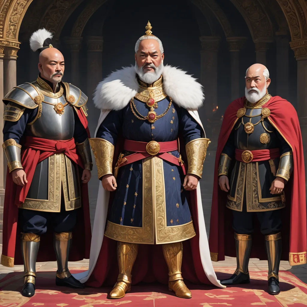 three men in medieval costumes standing on a red carpet in a building with arches and arches behind them are two of them wearing gold and silver, sots art, concept art, Du Jin, official art