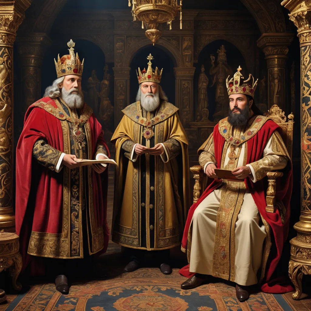 two men in robes and crowns sitting in a throne with a book in their hands and a book in their hands, letterism, a detailed matte painting, Dionisius, highly detailed oil painting