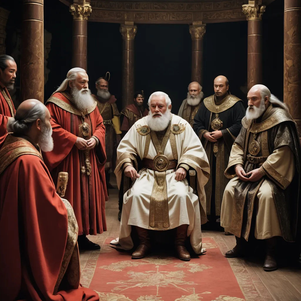 a group of men in robes standing around a man in a chair with a beard and a white beard, letterism, a detailed matte painting, Artur Tarnowski, movie still