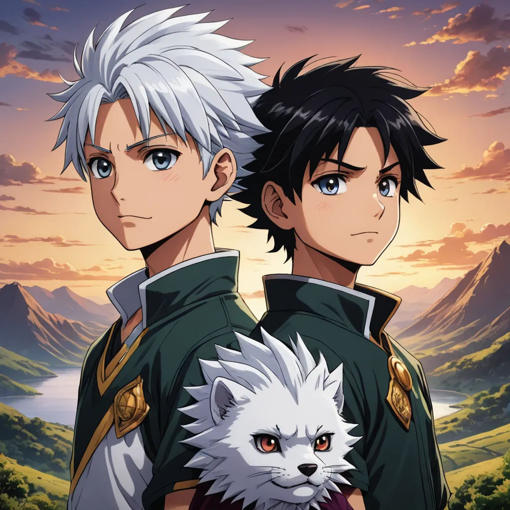 two anime characters with white hair and blue eyes, one with a cat on his shoulder and the other with a cat on his shoulder, sots art, a poster, Baiōken Eishun, anime key visual