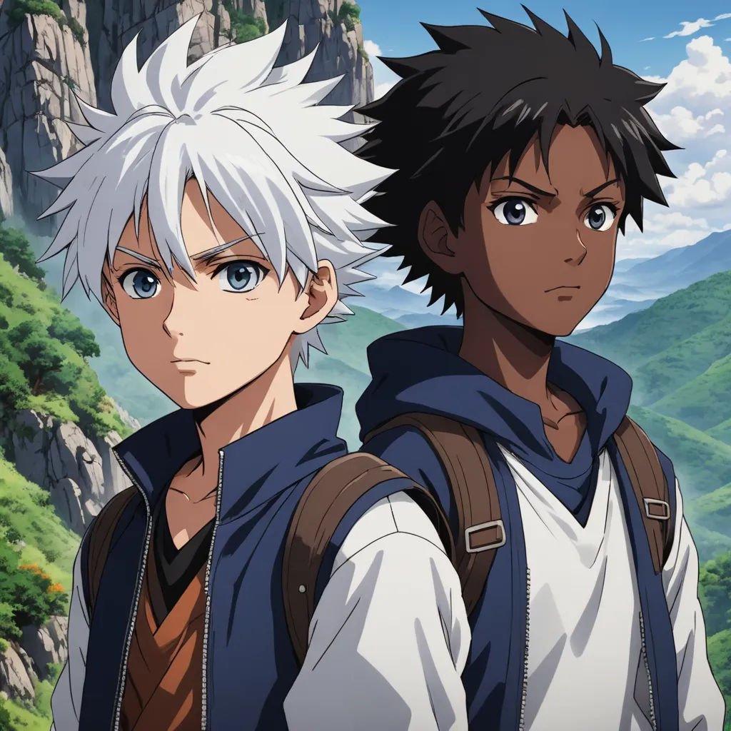 two anime characters standing in front of a mountain range with trees and mountains in the background, one of them is looking at the camera, rayonism, an album cover, Ai-Mitsu, anime key visual