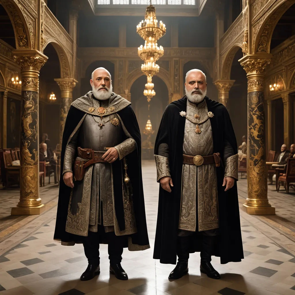 two men in medieval costumes standing in a hall with chandeliers and chandeliers on the ceiling, antipodeans, a detailed matte painting, Altoon Sultan, vfx
