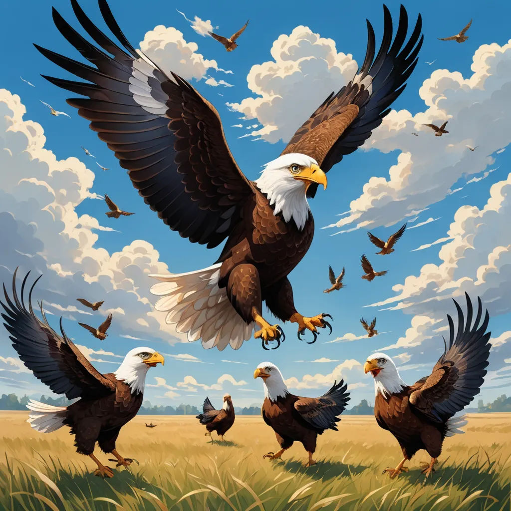 a painting of a bald eagle with five other bald eagles in a field of grass and clouds in the background, american scene painting, a detailed painting, Chris LaBrooy, birds
