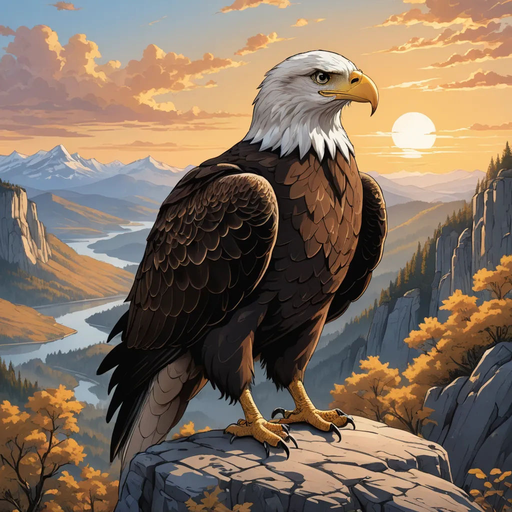a painting of a bald eagle perched on a rock with a mountain landscape in the background and a sunset, american scene painting, an airbrush painting, Anne Stokes, highly detailed digital painting