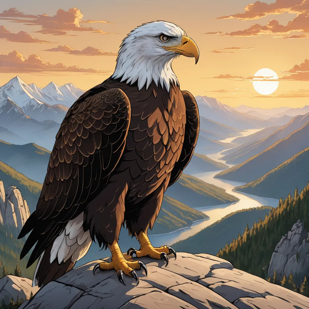 a bald eagle sitting on a rock in the mountains at sunset with a beautiful view of the valley below, american scene painting, a detailed matte painting, Dan Mumford, official art