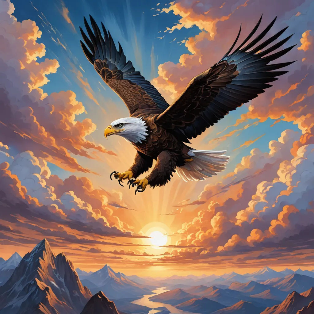 a painting of an eagle flying over a mountain range at sunset with the sun behind it and clouds in the sky, american scene painting, an airbrush painting, Anne Stokes, majestic