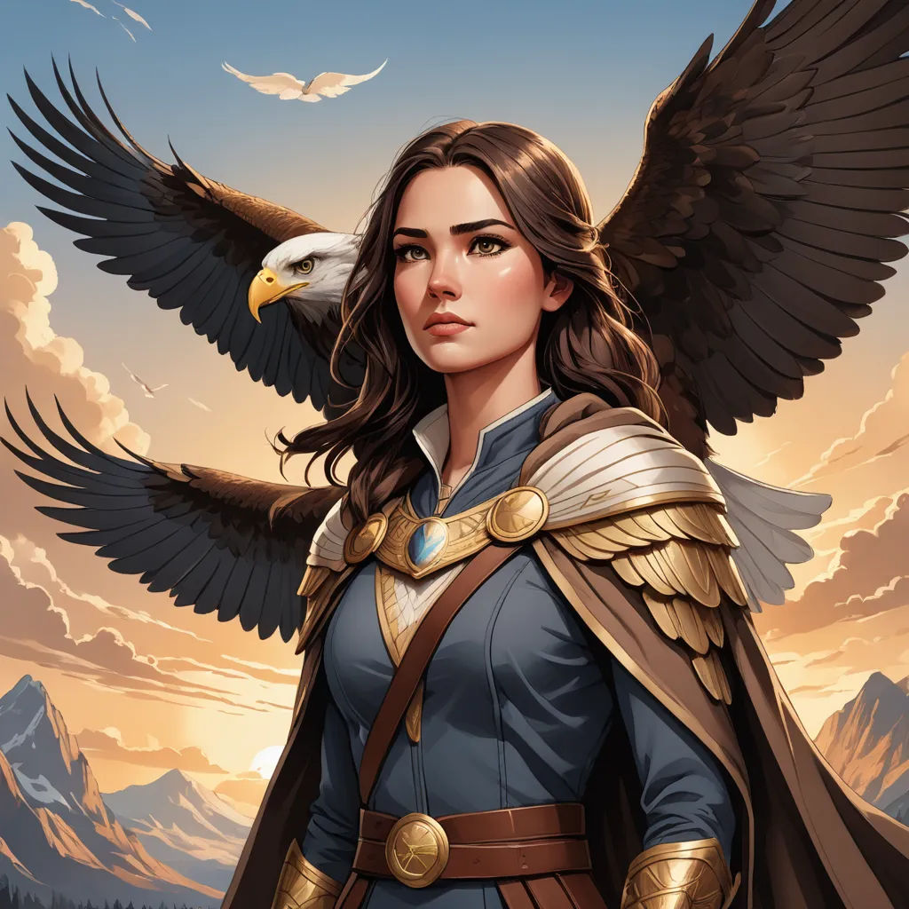 a woman in a blue dress with an eagle on her shoulder and a golden eagle on her shoulder, standing in front of a mountain range, fantasy art, a character portrait, Dan Mumford, epic fantasy character art