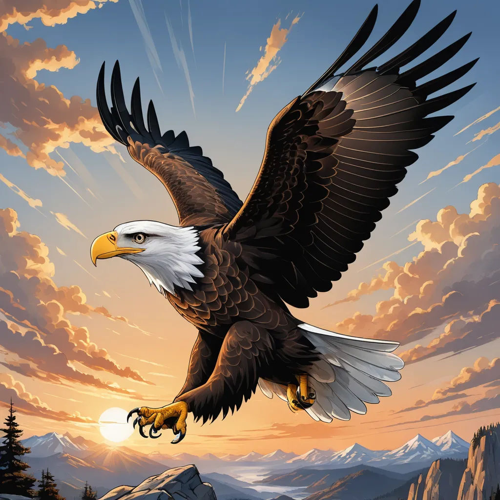 a bald eagle flying over a mountain range at sunset with a beautiful sky in the background and clouds in the foreground, american scene painting, a digital rendering, Anne Stokes, majestic