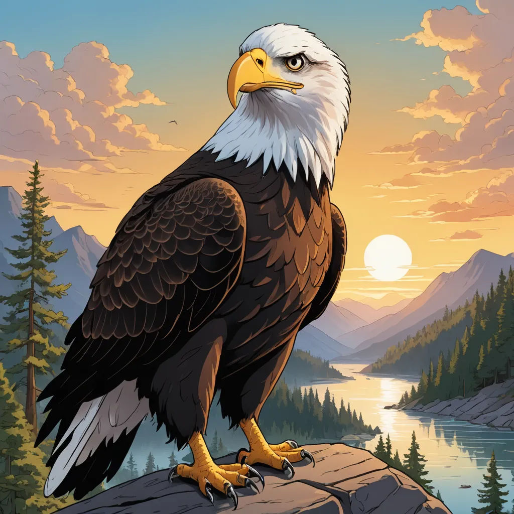 a bald eagle sitting on a rock near a lake and mountains at sunset with a beautiful sky in the background, american scene painting, poster art, Dan Mumford, highly detailed digital art