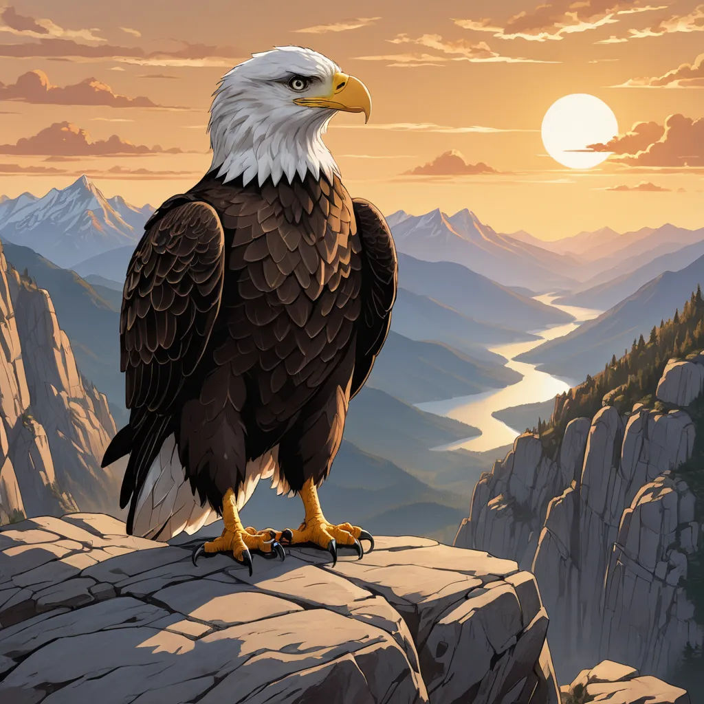 a bald eagle sitting on a rock with a sunset in the background and mountains in the foreground, with a river running through the valley below, american scene painting, a detailed matte painting, Anne Stokes, majestic