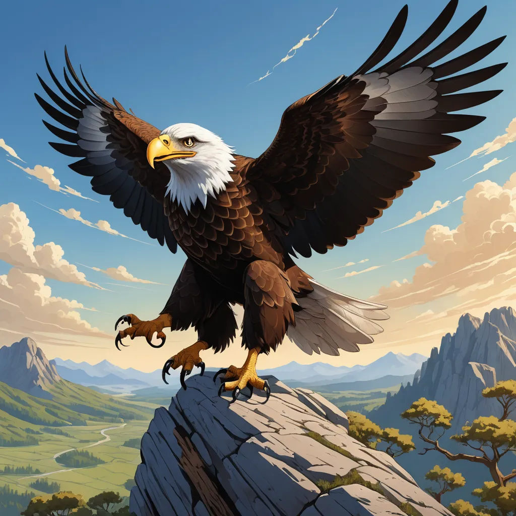a bald eagle is perched on a rock with a fish in its talons and a mountain in the background, american scene painting, an airbrush painting, Dan Mumford, highly detailed digital painting