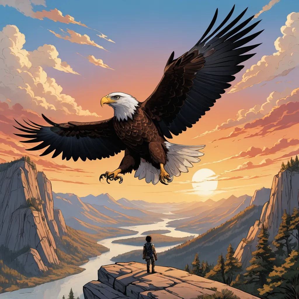 a bald eagle flying over a man standing on a cliff with a river below it and a sunset in the background, american scene painting, a storybook illustration, Dan Mumford, josan gonzales and dan mumford