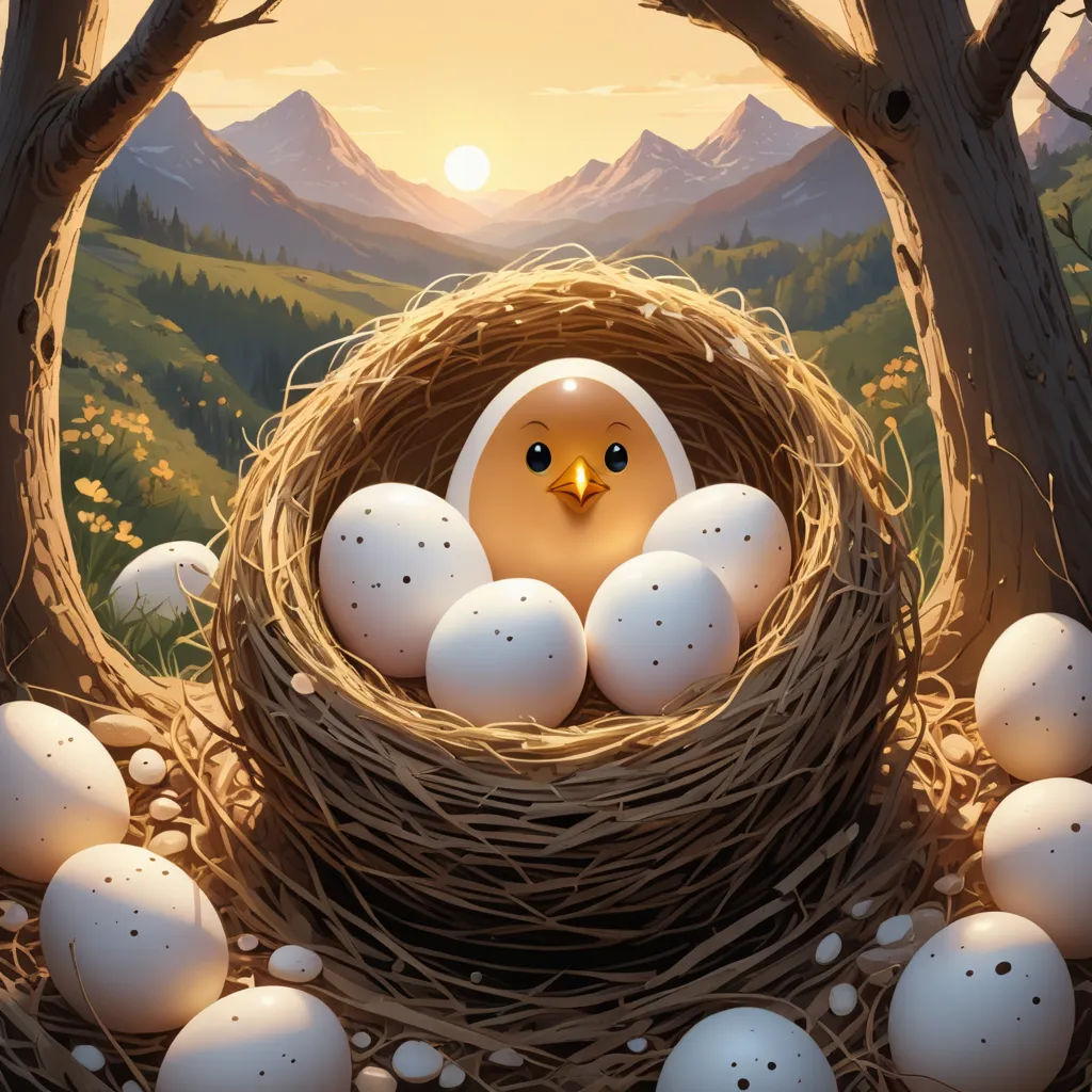 a bird is sitting in a nest with eggs in the nest and mountains in the background, with a sun setting, fantasy art, a digital painting, Cyril Rolando, highly detailed digital painting