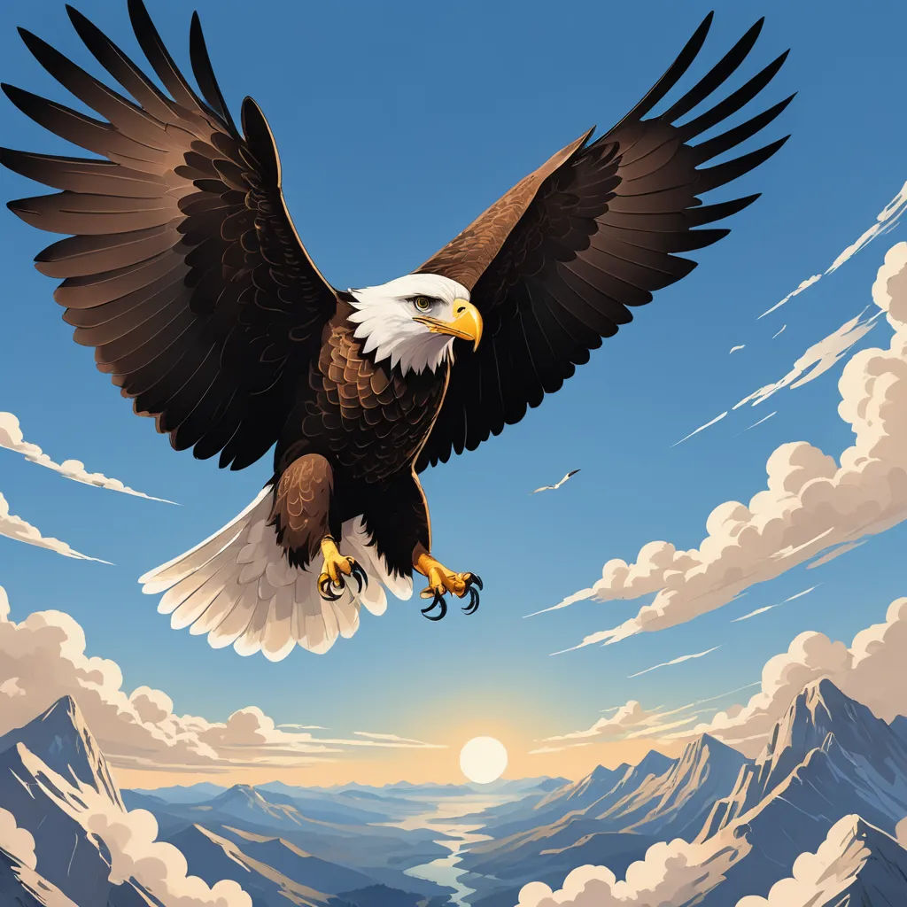 a bald eagle flying over a mountain range with a sun in the background and clouds in the sky above, fantasy art, a detailed matte painting, Dan Mumford, highly detailed digital painting