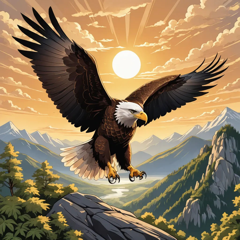 a bald eagle flying over a mountain range at sunset with the sun behind it and clouds in the sky, american scene painting, an airbrush painting, Chris LaBrooy, highly detailed digital art