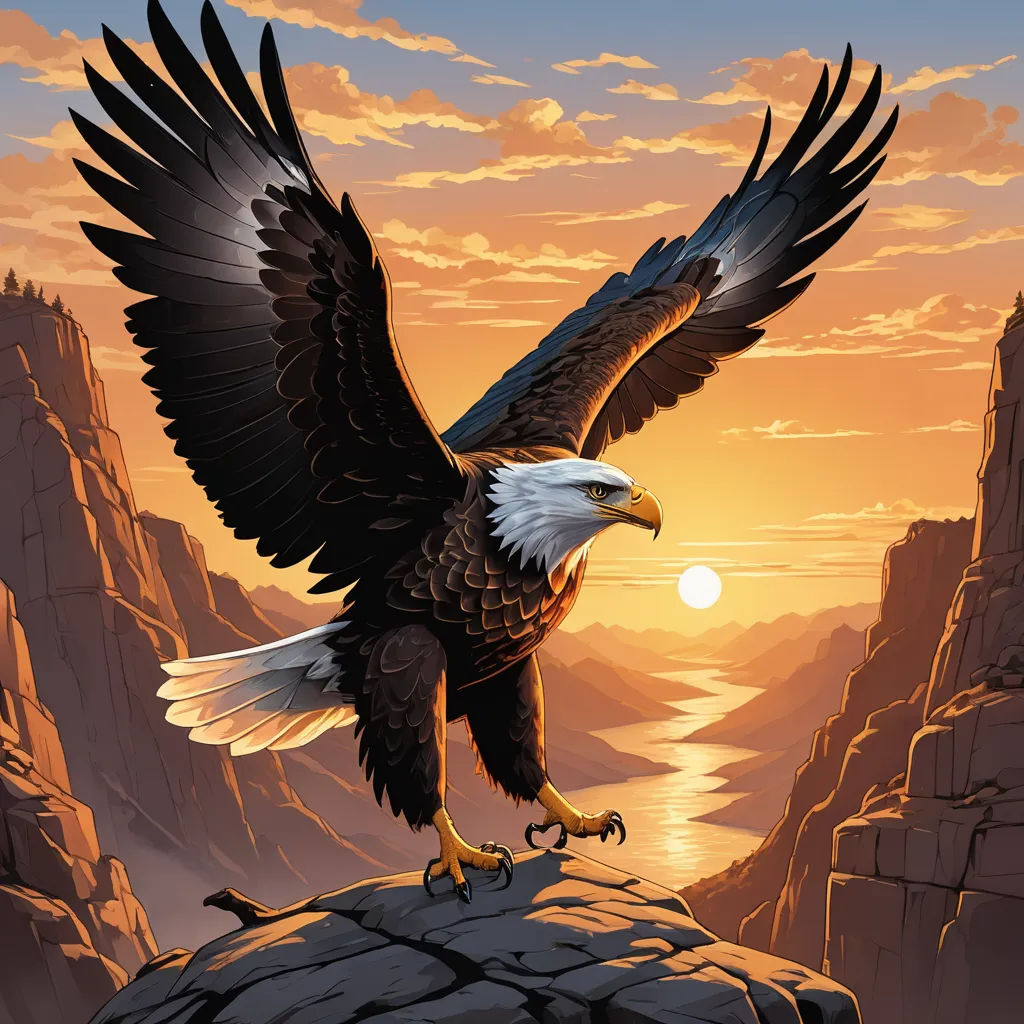 a bald eagle is flying over a rocky cliff at sunset with the sun setting behind it and a body of water below, american scene painting, an airbrush painting, Anne Stokes, majestic