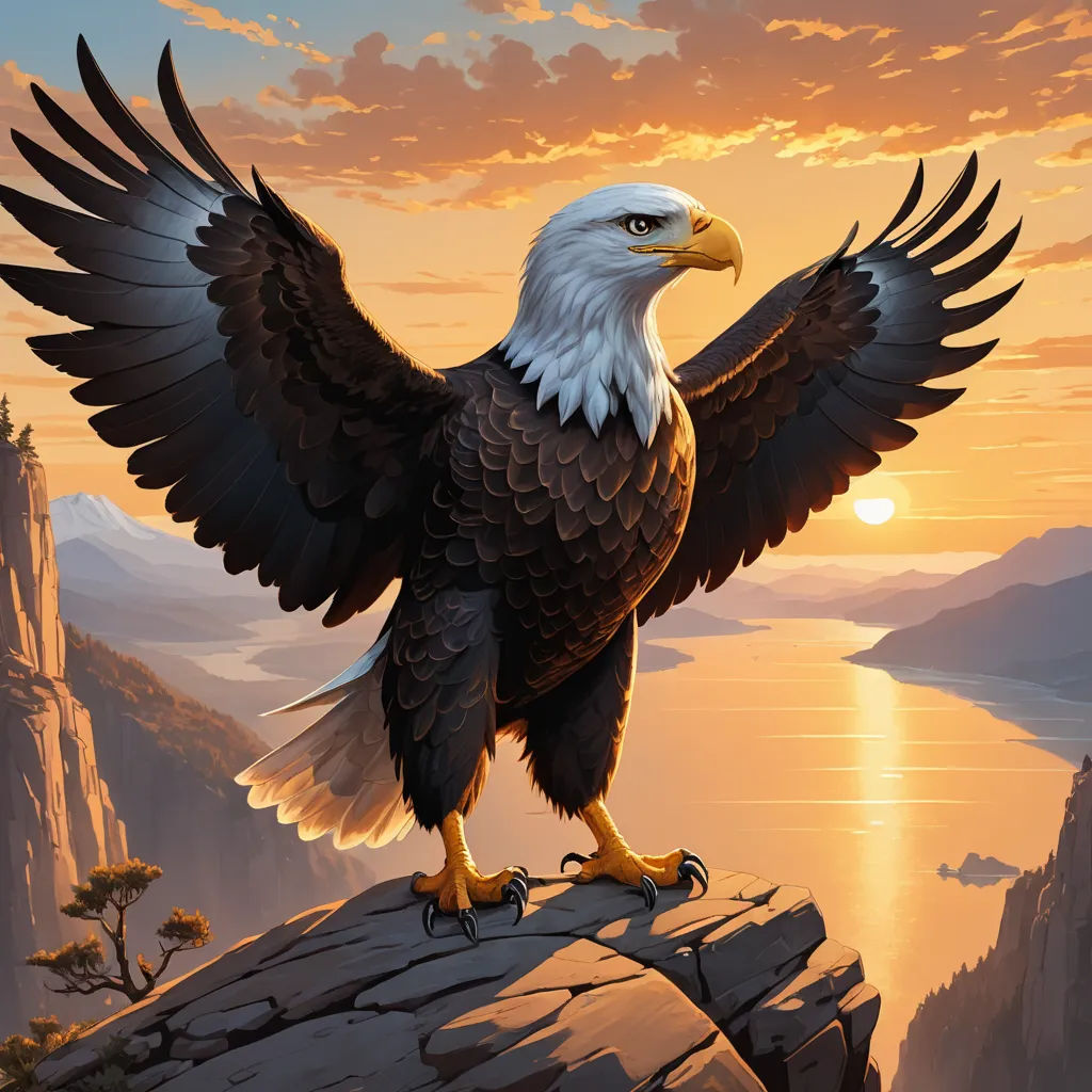 a painting of a bald eagle on a cliff overlooking a lake and mountains at sunset with the sun setting, american scene painting, an airbrush painting, Anne Stokes, majestic
