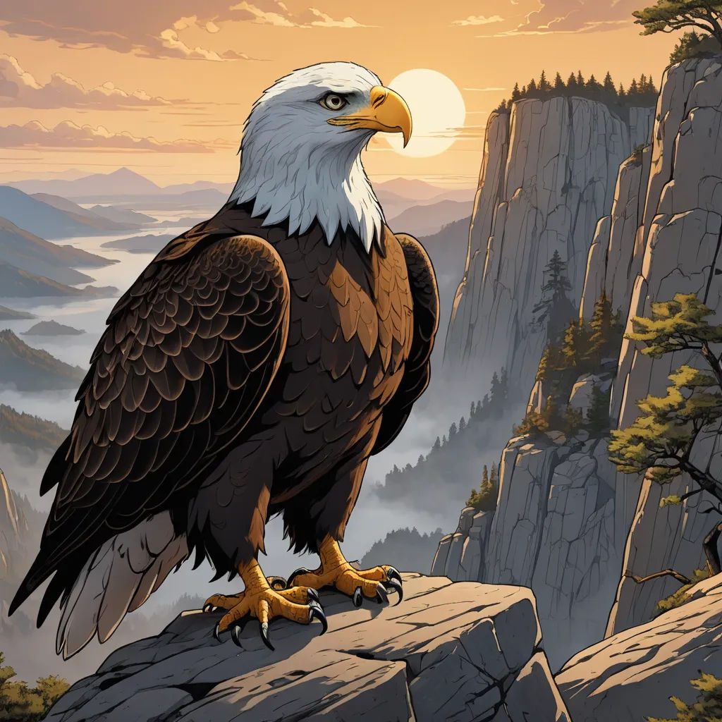 a bald eagle perched on a rock in a mountainous area with a sunset in the background and a mountain range in the foreground, fantasy art, a detailed matte painting, Anne Stokes, highly detailed digital painting