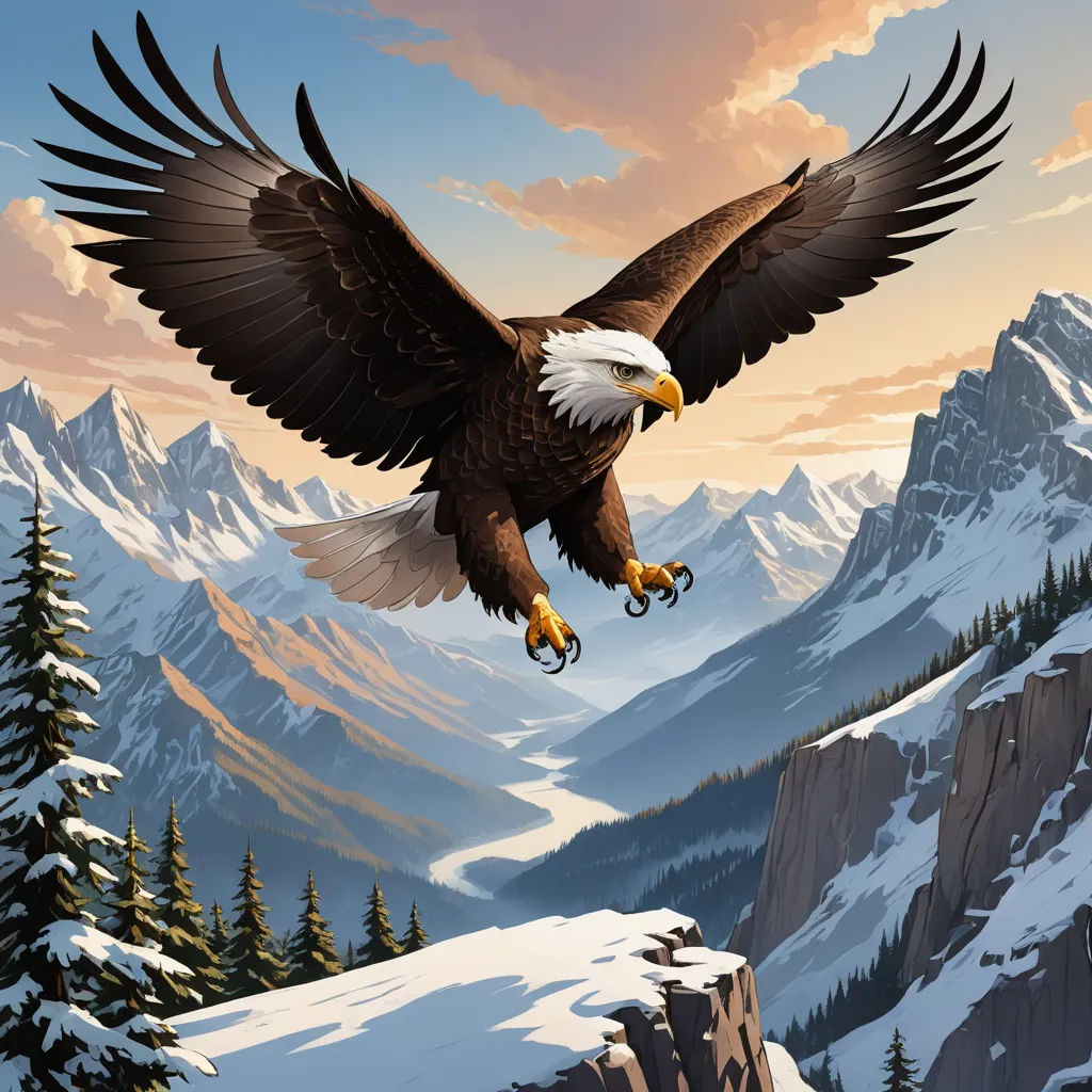 a bald eagle flying over a mountain range with a pine tree in the foreground and a sunset in the background, american scene painting, an airbrush painting, Dan Mumford, highly detailed digital painting