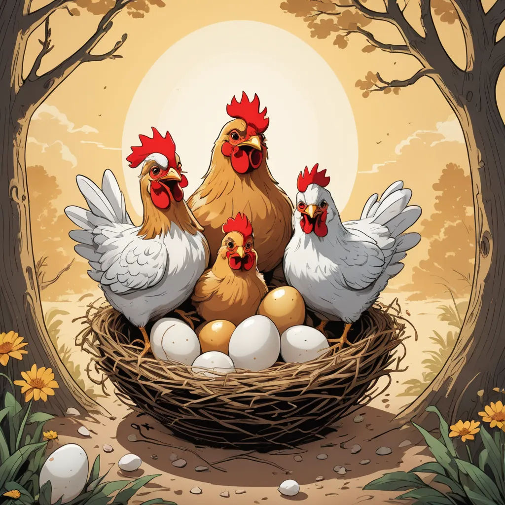 a group of chickens sitting in a nest with eggs in the middle of a forest with sun in the background, lyco art, a storybook illustration, Chris LaBrooy, detailed illustration
