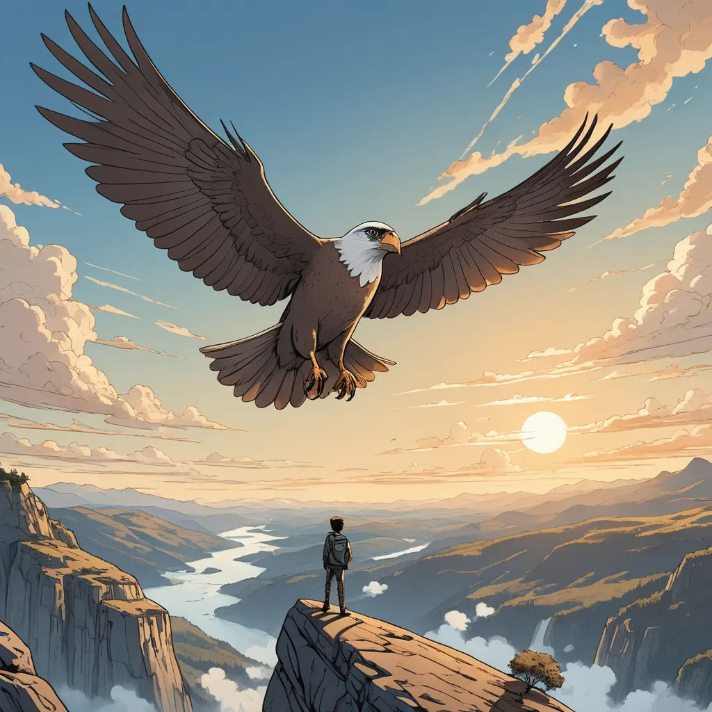a man standing on a cliff with a bird flying over him and a river below him, with a mountain in the background, fantasy art, a comic book panel, Dan Mumford, comic cover art