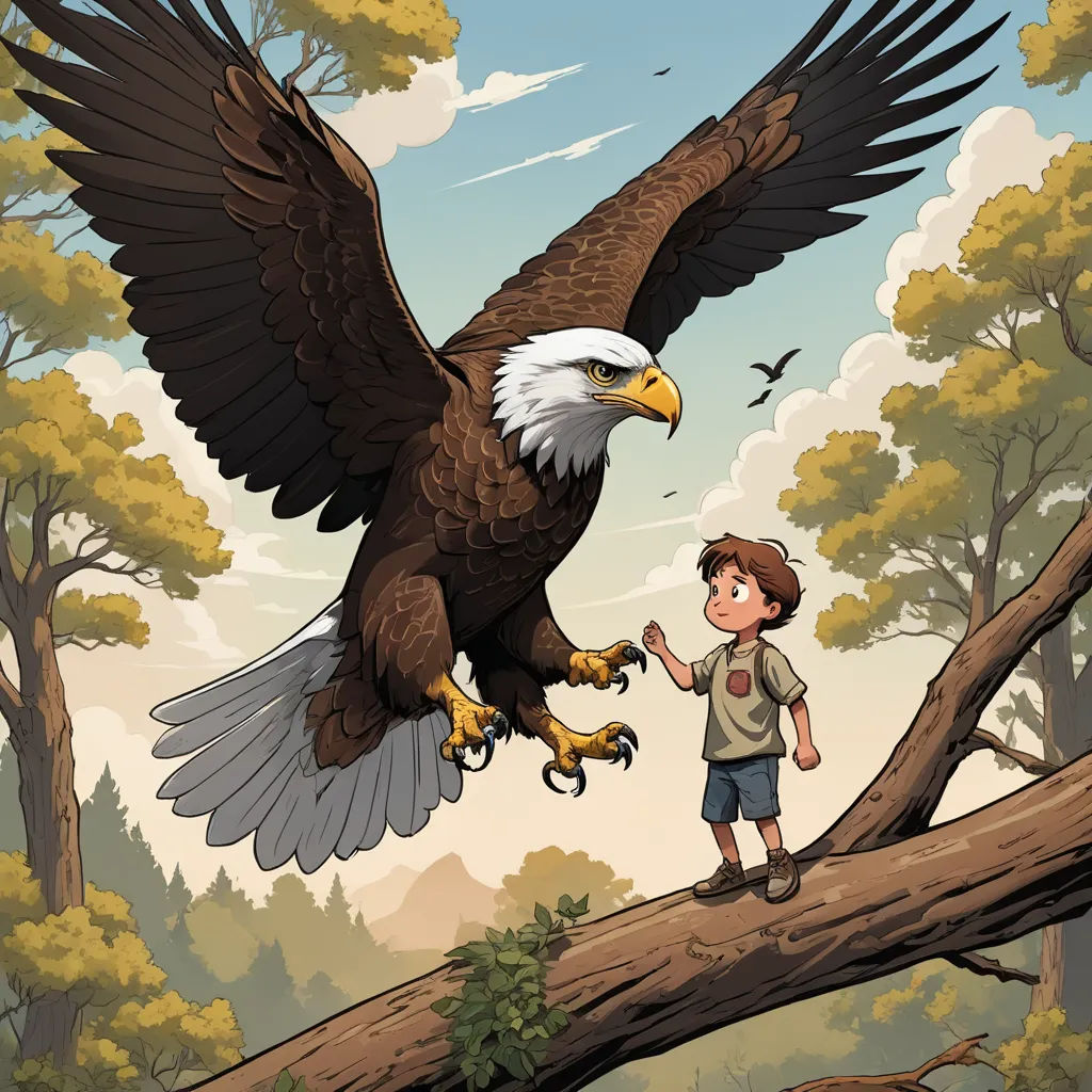 a boy standing on a tree branch with an eagle on his arm and a bird in the air above him, fantasy art, a storybook illustration, Cliff Childs, storybook illustration