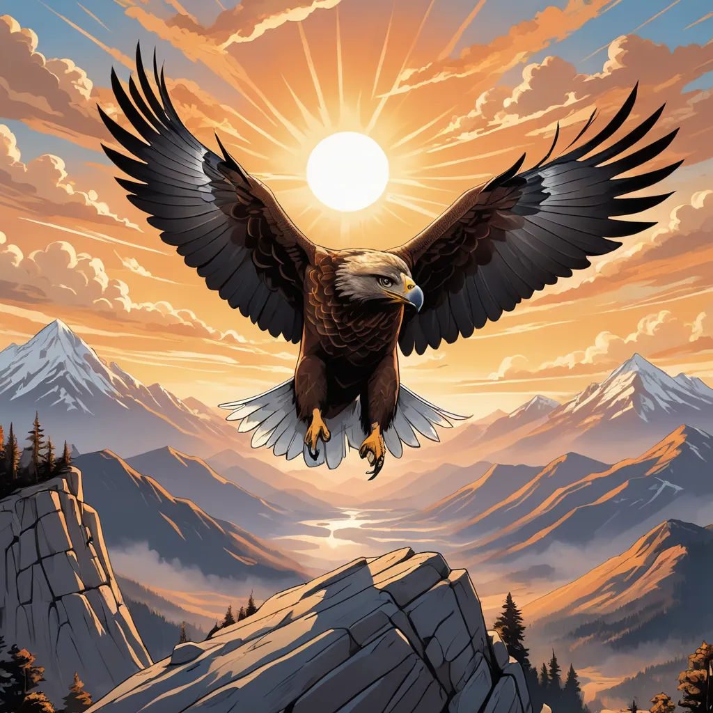 a painting of an eagle flying over a mountain range at sunset with the sun in the background and clouds, fantasy art, an airbrush painting, Dan Mumford, highly detailed digital painting