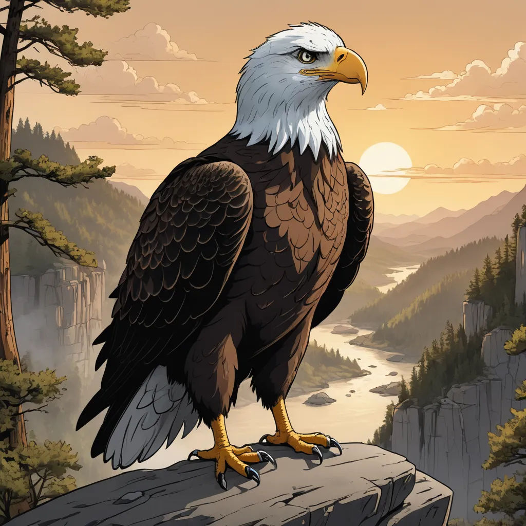 a bald eagle sitting on a rock in a forest with a river and mountains in the background at sunset, american scene painting, a character portrait, Dan Mumford, official art