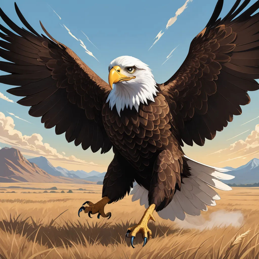 a bald eagle is flying in the sky over a field of grass and mountains with a blue sky in the background, american scene painting, a digital painting, Chris LaBrooy, highly detailed digital painting