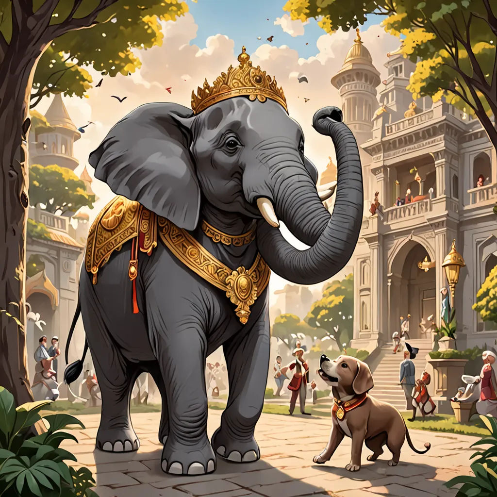 a painting of an elephant and a dog in a park with a castle in the background and a crowd of people, fantasy art, a storybook illustration, Chris LaBrooy, official art