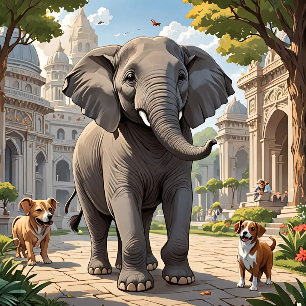 a painting of an elephant and two dogs on a path in front of a palace with a castle in the background, fantastic realism, a storybook illustration, Chris LaBrooy, highly detailed digital painting