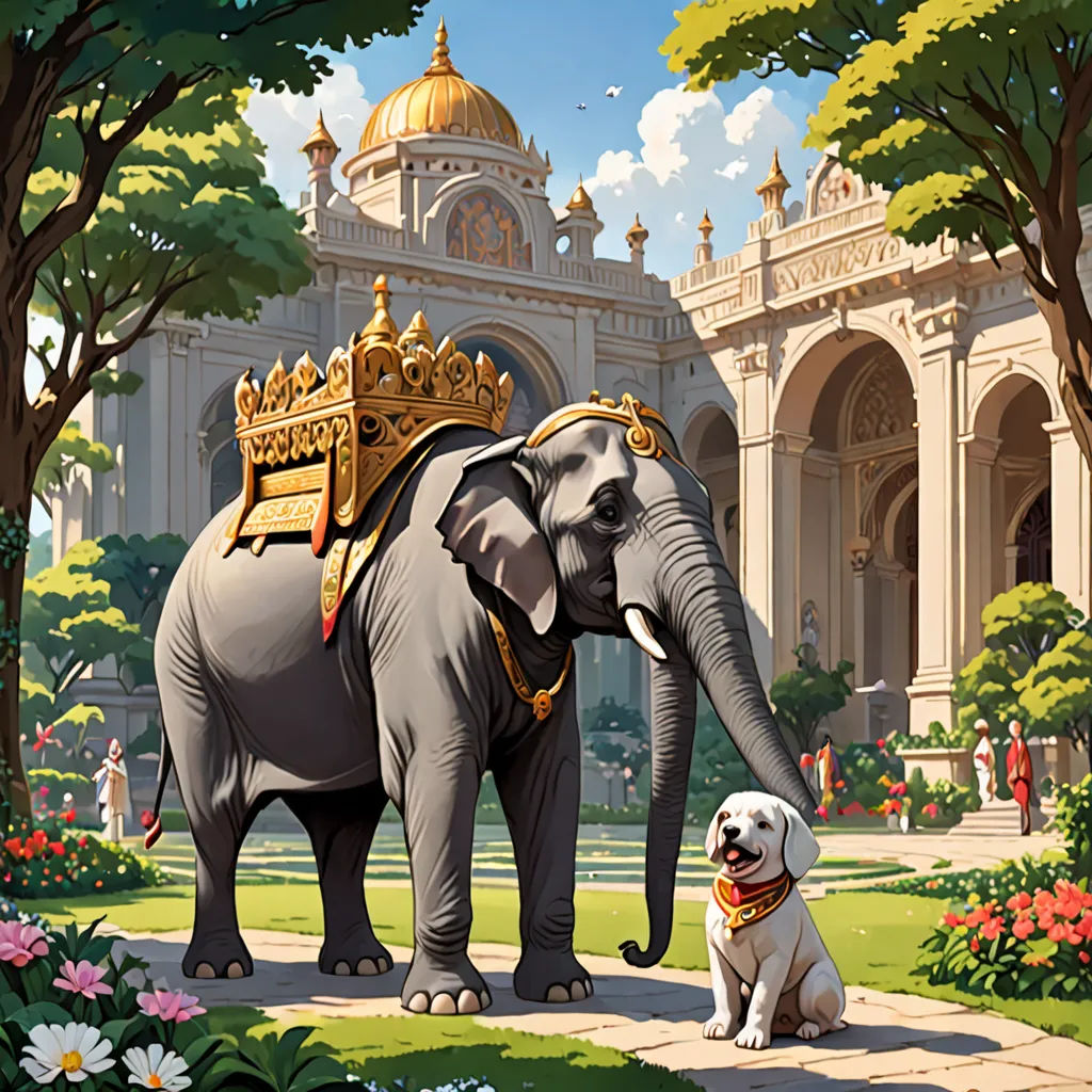 a painting of an elephant and a dog in a park with a palace in the background and a golden crown on its head, fantasy art, a storybook illustration, Chris LaBrooy, official art