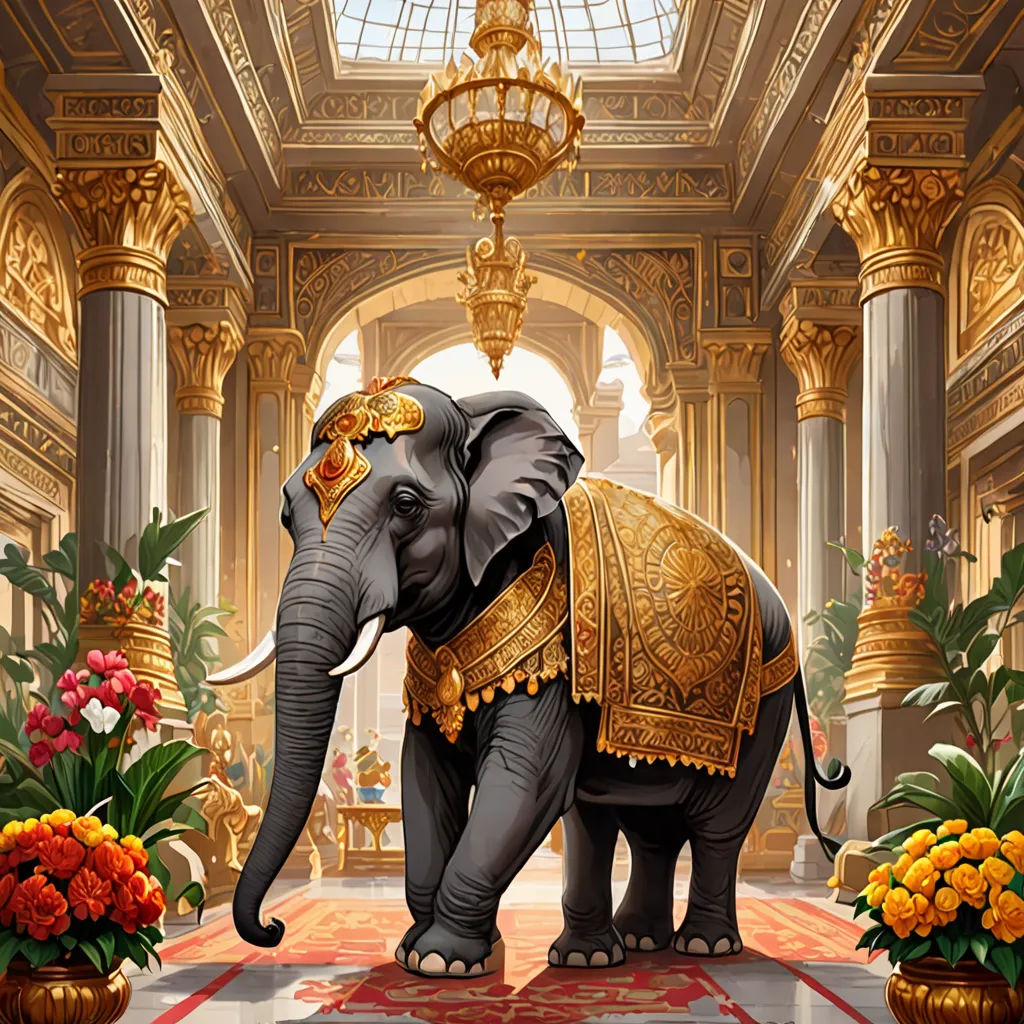 an elephant with a gold cloth on its back in a palace setting with flowers and chandeliers around it, fantasy art, a detailed painting, Chris LaBrooy, highly detailed digital painting