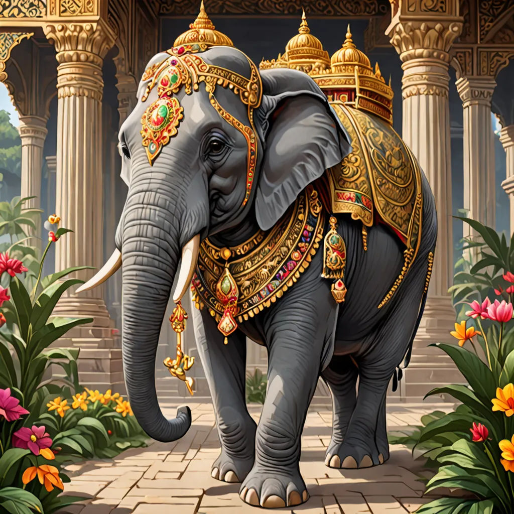 a painting of an elephant with a gold decorated saddle on its back in a garden of flowers and trees, fantasy art, a detailed painting, Chris LaBrooy, highly detailed digital painting