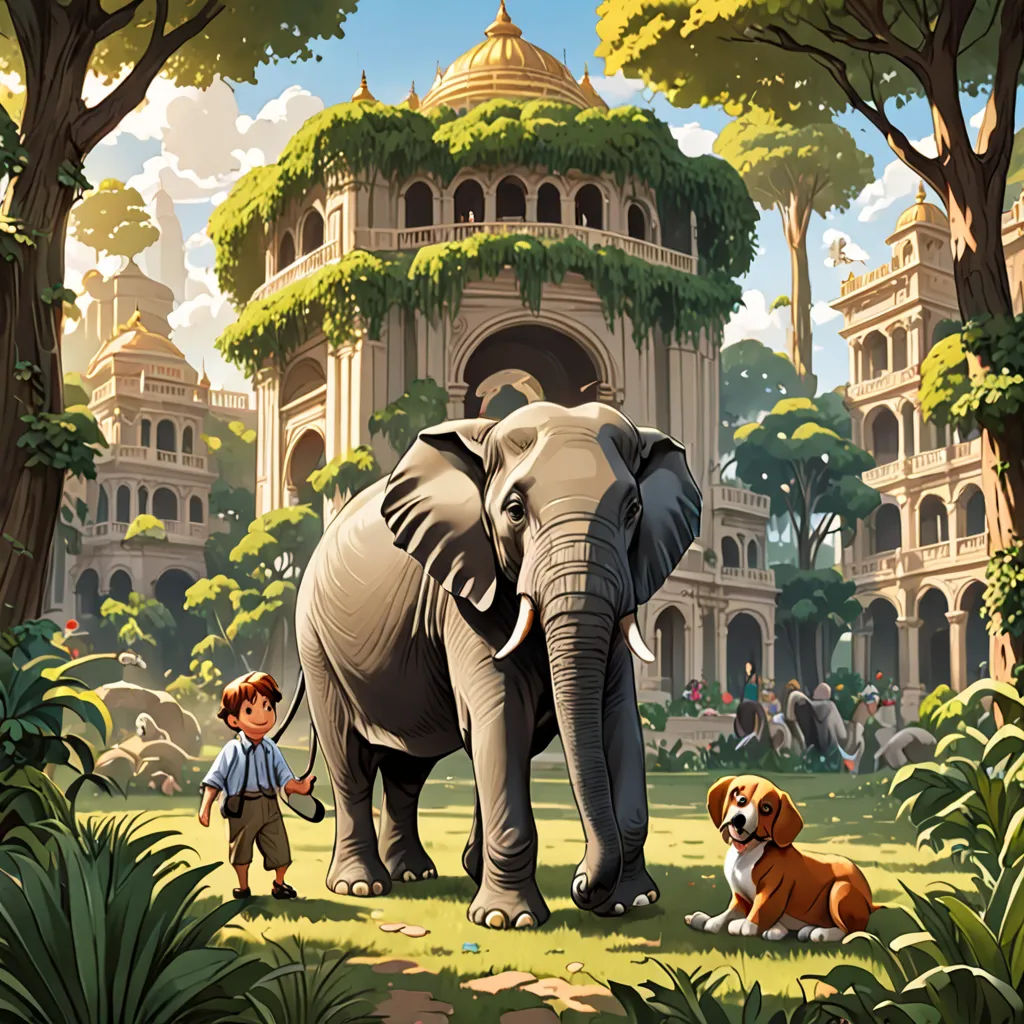 a painting of an elephant and a boy in a park with a dog and a castle in the background, fantasy art, a storybook illustration, Chris LaBrooy, promotional image