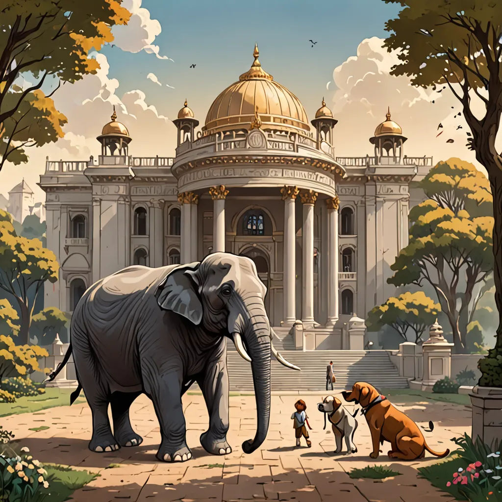 a painting of an elephant and a dog in front of a building with a domed roof and a golden dome, bengal school of art, a storybook illustration, Chris LaBrooy, high detail illustration