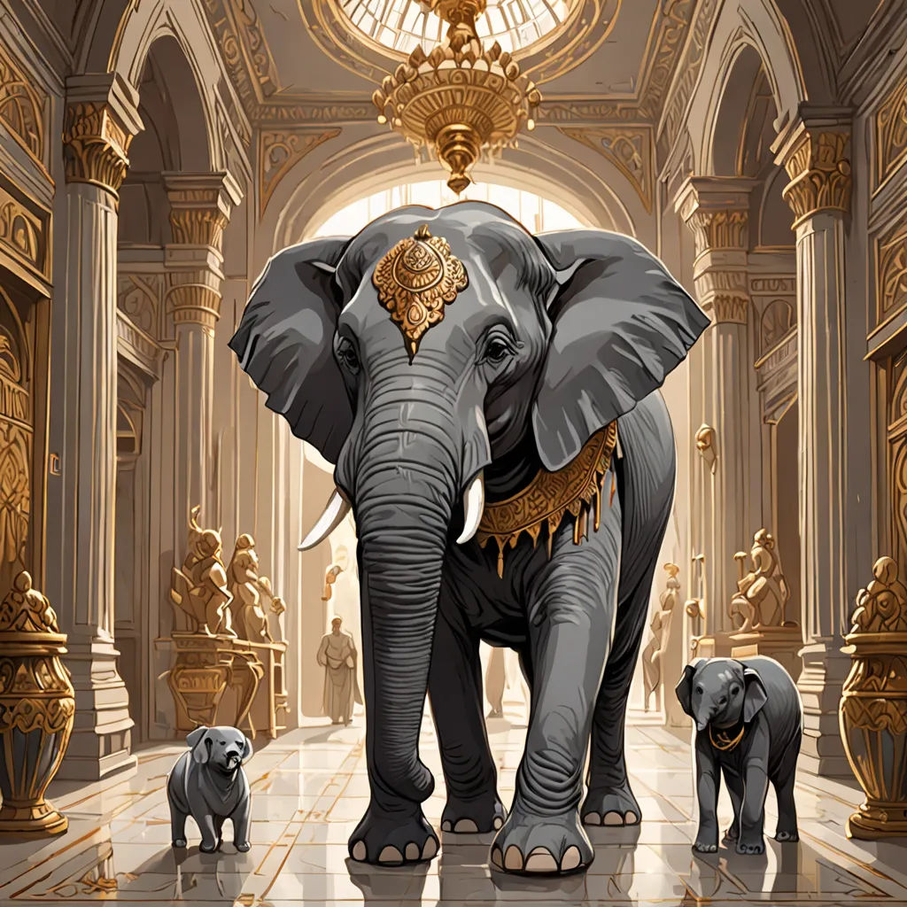 a large elephant standing next to two smaller elephants in a room with columns and chandeliers on the ceiling, fantasy art, a storybook illustration, Clint Cearley, highly detailed digital painting