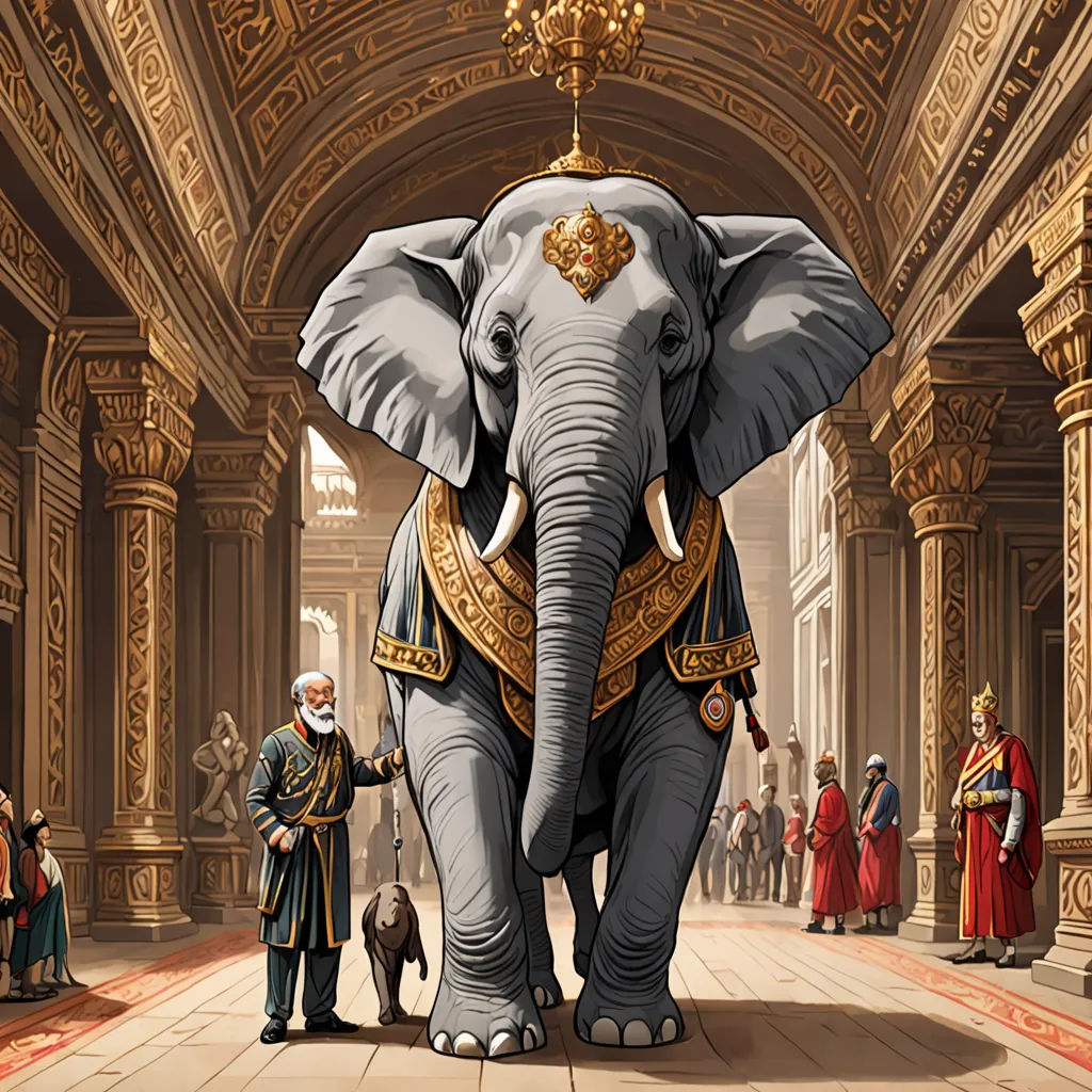 a painting of an elephant with a crown on its head and a man standing next to it in a palace, fantastic realism, a digital rendering, Chris LaBrooy, highly detailed digital painting
