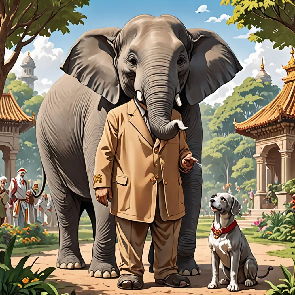 a painting of an elephant and a dog standing in a park with pagodas in the background and a man in a suit and tie, magical realism, a storybook illustration, Chris LaBrooy, highly detailed digital painting