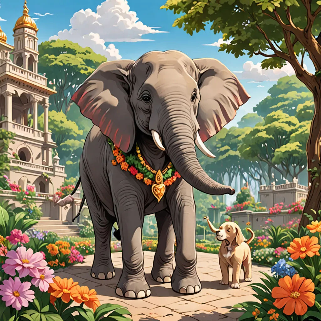 a painting of an elephant and a dog in a garden with flowers and trees in the background, with a castle in the background, samikshavad, a storybook illustration, Chris LaBrooy, official art