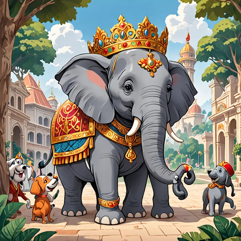 a cartoon elephant with a crown on its head and other animals around it in a park setting with trees and buildings, maximalism, a storybook illustration, Chris LaBrooy, official art