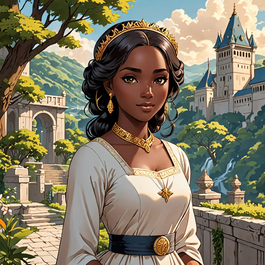 a woman in a white dress standing in front of a castle with a clock tower on it's side, Ernie Barnes, fantasy art, a character portrait, kinkade