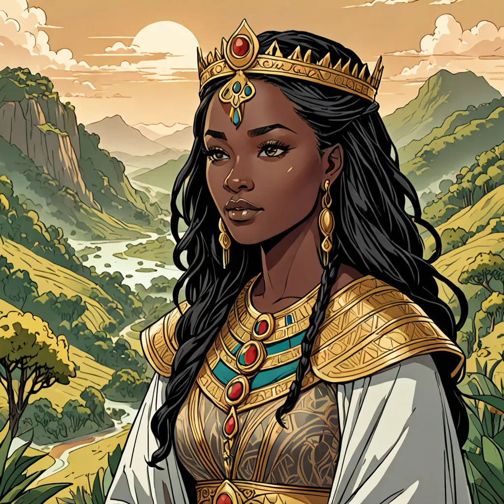 a woman in a golden outfit with a crown on her head and a valley in the background with trees, Chinwe Chukwuogo-Roy, fantasy art, a character portrait, beautiful detailed