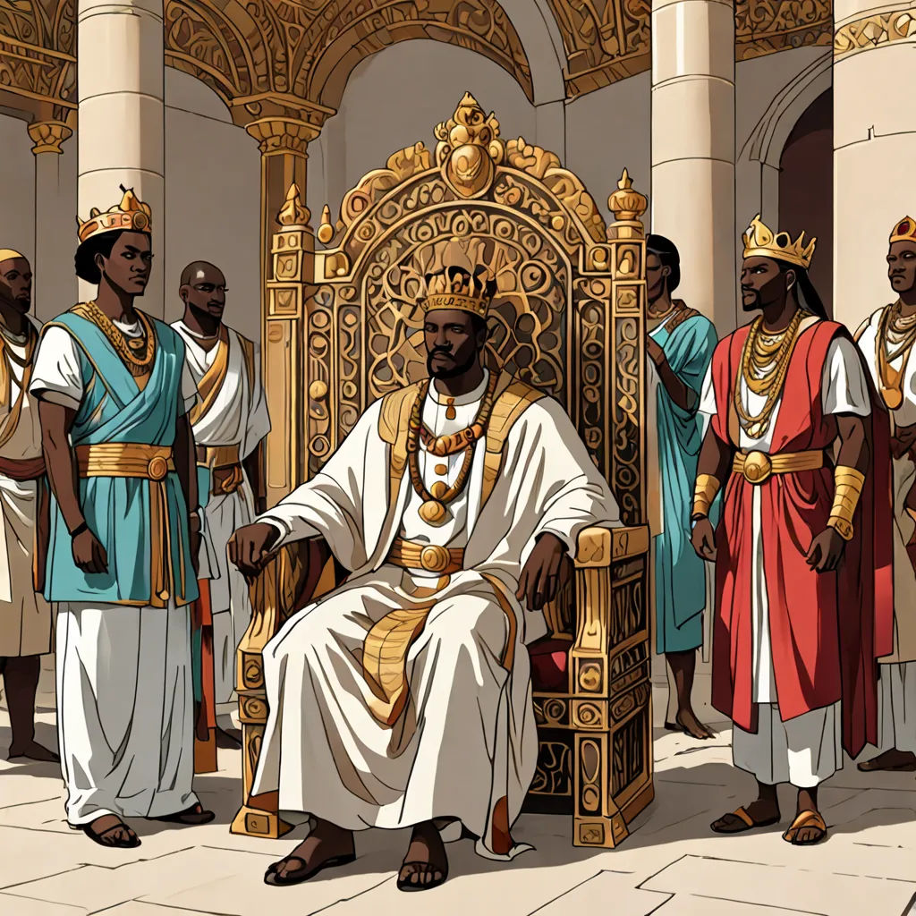 a group of men in ancient greek costumes standing around a throne with a man sitting on it in front of them, Cedric Seaut (Keos Masons), afrofuturism, concept art, official art