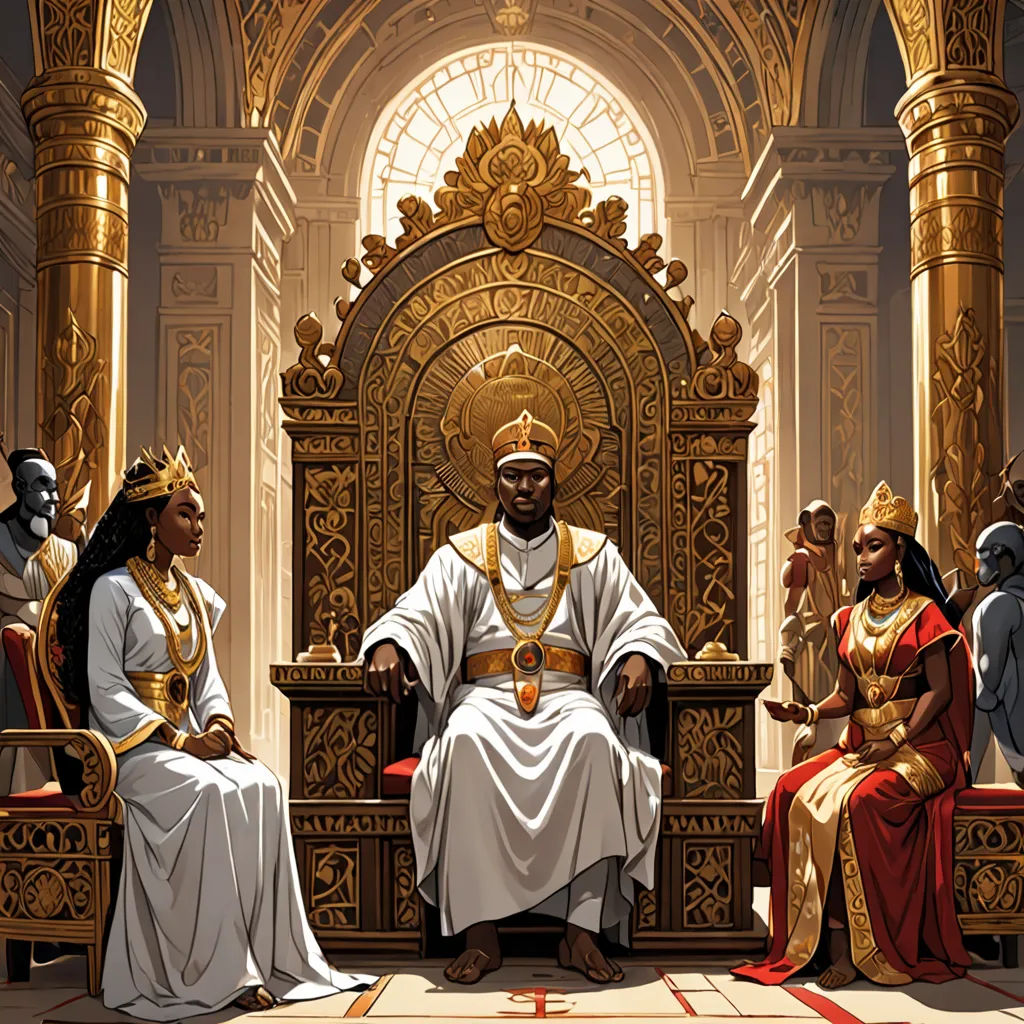 a painting of a priest sitting in a throne surrounded by other people in robes and robes, all dressed in gold, Christophe Vacher, afrofuturism, concept art, mars ravelo and greg rutkowski