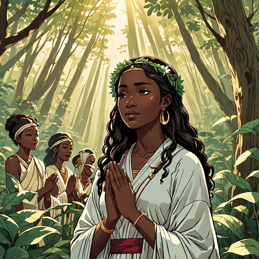 a painting of a woman in a forest with other women in the background praying and praying together with the sun shining through the trees, Asaf Hanuka, afrofuturism, a character portrait, comic cover art