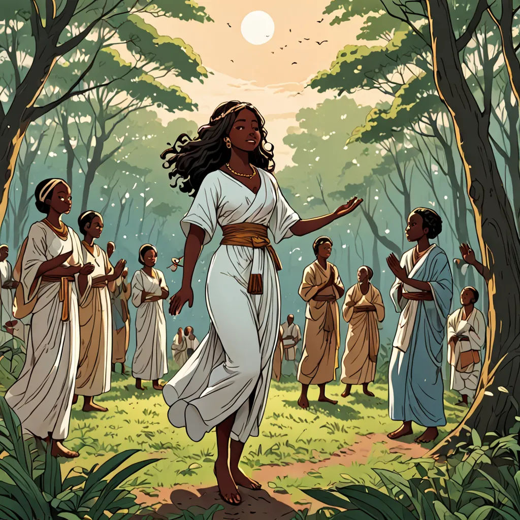 a woman in a white dress standing in a forest with other people around her and a sun in the background, Asaf Hanuka, afrofuturism, a storybook illustration, comic cover art