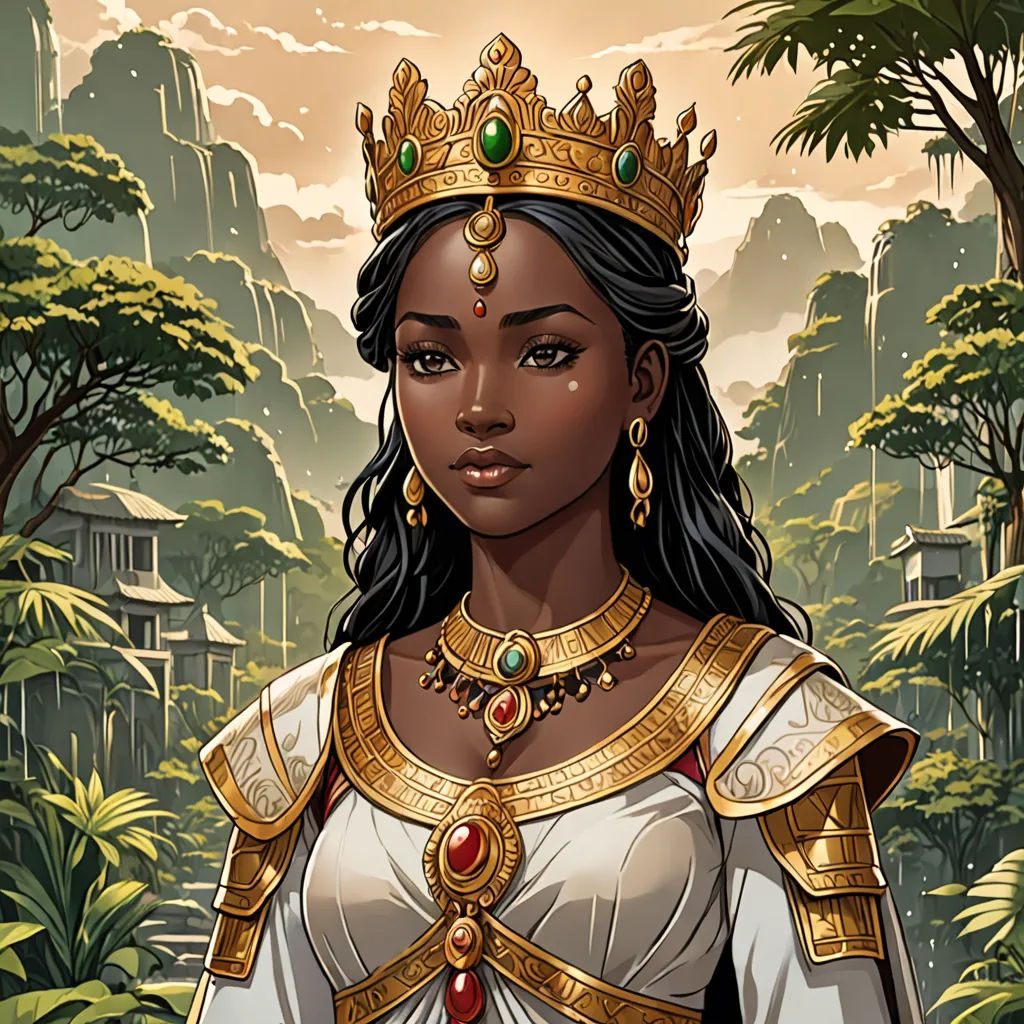 a woman in a white dress with a gold crown on her head and a jungle background behind her is a painting of a woman in a golden dress, Chinwe Chukwuogo-Roy, fantasy art, a character portrait, beautiful detailed