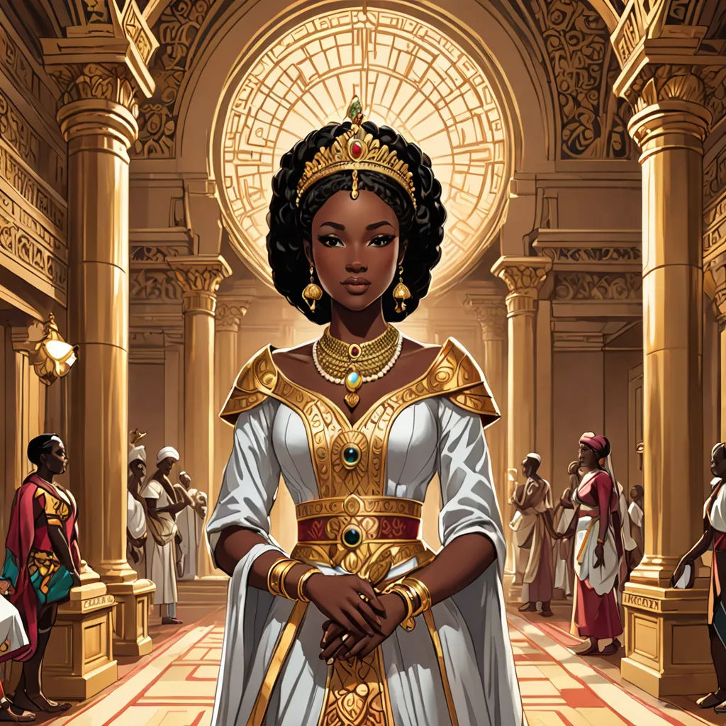 a woman in a white and gold dress standing in a room with people around her and a gold and white clock, Chinwe Chukwuogo-Roy, afrofuturism, egyptian art, beautiful detailed